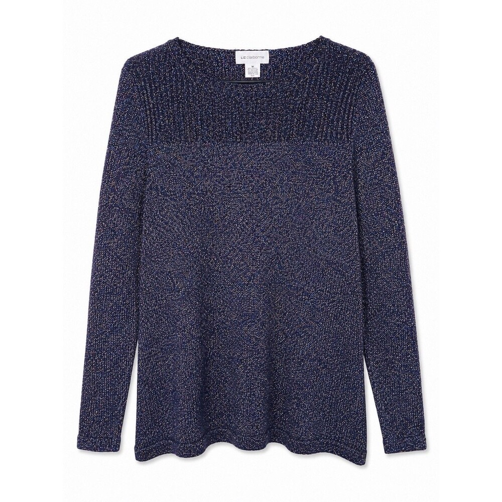 Liz Claiborne Womens Long Sleeve Glitter Sweater Navy Size Medium Festive Winter